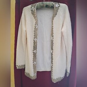 Vintage 1960s Cream Wool Knit Cardigan Sweater Beaded Hem/Trim, CYN LES